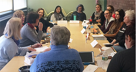 Photo of OLLI members and PhD Students at the Intergenerational Book Chat meeting from the Spring 2017 semester