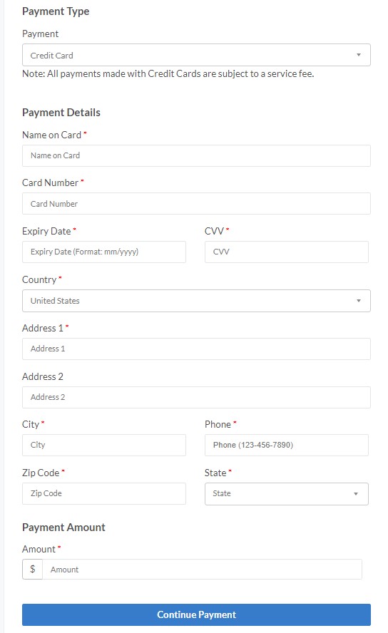 Fields required to submit one time payment